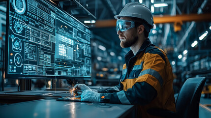 Engineer manager oversees robotic arm automation and welding processes in a smart factory using real-time monitoring software