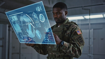Soldier Analyzing Data on Holographic Display: A focused soldier in camouflage uniform examines detailed medical data projected on a futuristic, transparent holographic display.