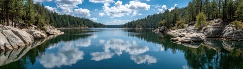 Obraz premium Scenic view of lake in pine forest with rock and trees concept. A serene lake reflecting blue skies and clouds amidst greenery.