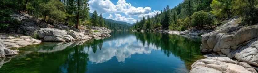 Fototapeta premium Scenic view of lake in pine forest with rock and trees concept. Serene lake surrounded by lush green forests under a clear sky.