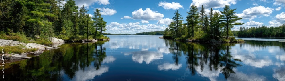 Poster scenic view of lake in pine forest under cloudy blue sky concept. a serene lake surrounded by lush g