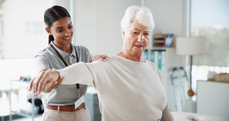 Physiotherapy, shoulder pain and woman with mature patient for medical service, support or wellness. Healthcare, chiropractor and physical therapist with person for consulting, rehabilitation or help