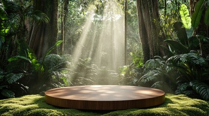 Lush jungle scene with a wooden display podium.