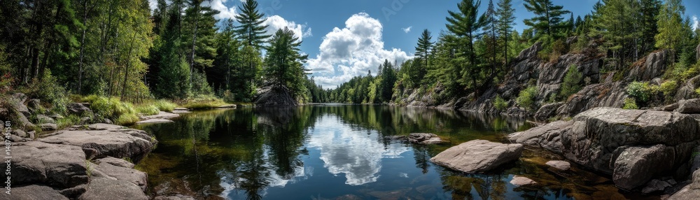 Poster scenic view of lake in pine forest with rock and trees concept. a serene river landscape surrounded 