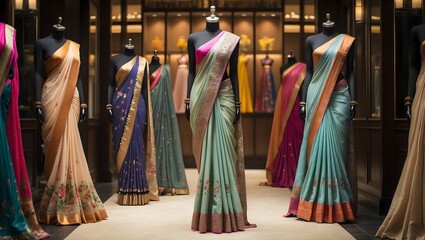 Fashion Showcase: Elegant sarees on mannequins elegantly displayed in a sophisticated boutique setting. the image showcases the beauty of fabric with an artistic touch.
