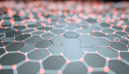 Obraz premium Close up of hexagonal network with glowing red nodes on dark digital surface, futuristic design