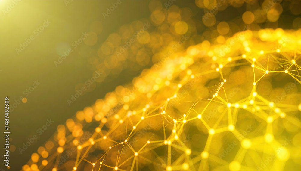 Poster glowing yellow digital network with interconnected nodes and lines creating bright abstract