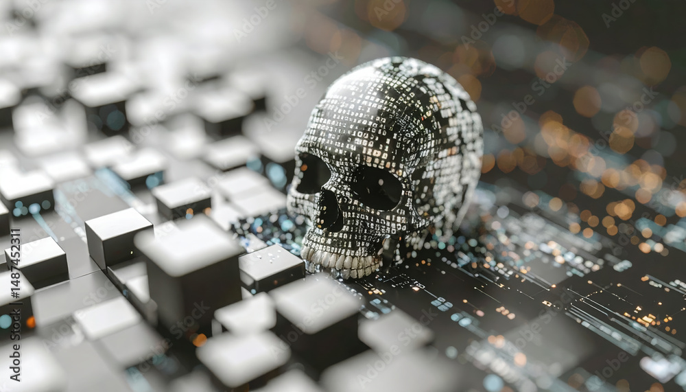 Poster digital skull icon emerging from corrupted data streams intercepted by ai driven black background