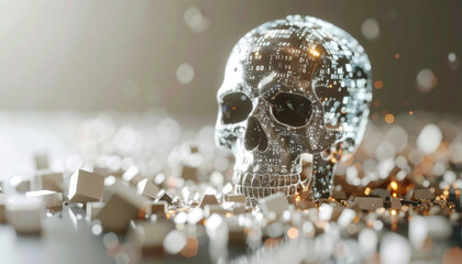 Digital skull icon emerging from corrupted data streams with glowing light effects and cubes