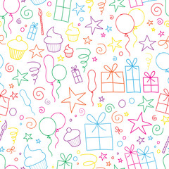 Colorful hand-drawn birthday icons pattern/texture on transparent background