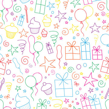 Colorful hand-drawn birthday icons pattern/texture on transparent background