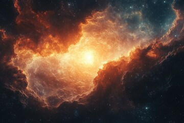 Fototapeta premium Glimpse Into the Wonders of Outer Space Showcasing a Vibrant Celestial Body Encased in a Fiery Halo Amid a Backdrop of Twinkling Stars