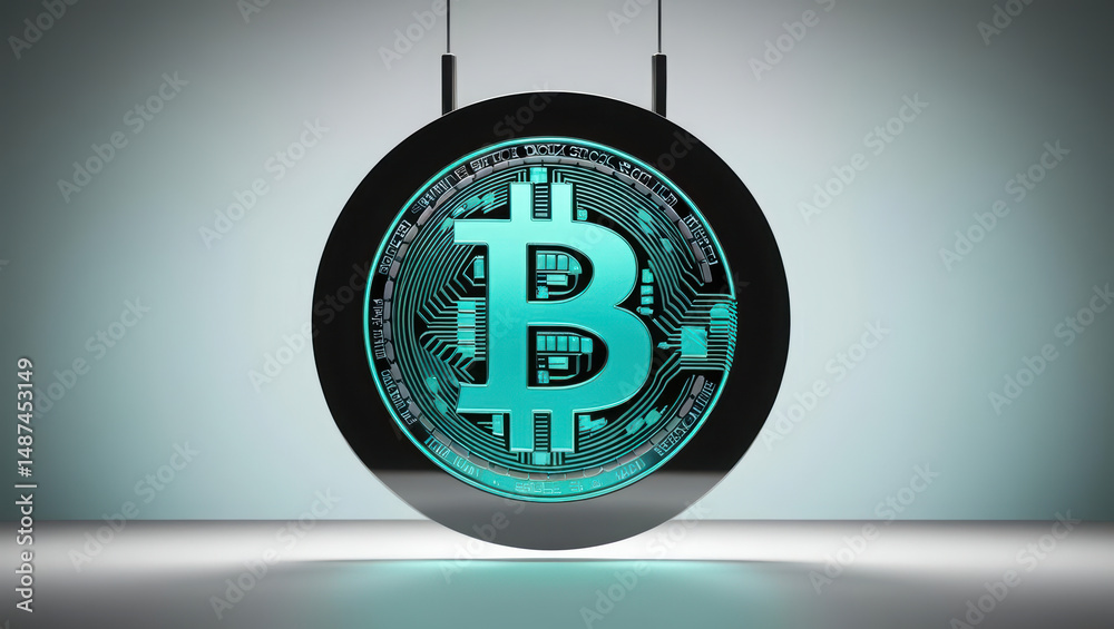 Poster glowing digital bitcoin symbol suspended in dark circular frame with soft gradient background