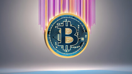 Glowing digital coin with bitcoin symbol and colorful vertical lines above it