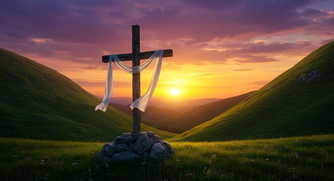 Holy cross standing on a green Hill. Pentecost Celebration. Good Friday. background