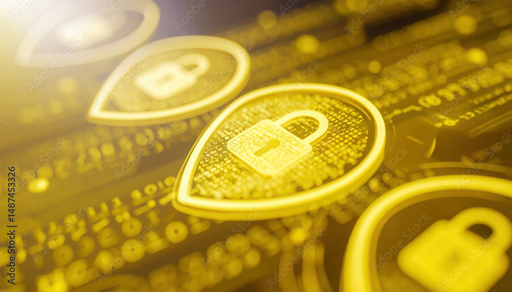 Poster golden digital lock icons circuit board representing secure crypto authentication and data
