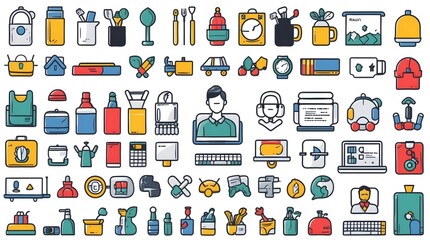 Fototapeta premium Colorful Icon Set: A vibrant collection of diverse icons depicting various objects, tools, and symbols, ideal for web design, app development, or presentations. 