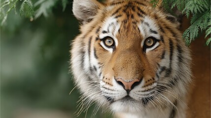 Obraz premium A majestic tiger gazes through lush foliage, showcasing its striking fur pattern and expressive eyes in a natural habitat.