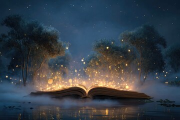 Fototapeta premium Enchanted nighttime open book with celestial sky, misty river across pages, and golden orbs casting a warm glow on shimmering trees