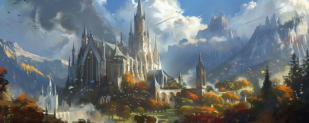 A majestic cathedral stands amidst a picturesque autumn landscape, surrounded by vibrant colors and majestic mountains, evoking a serene and tranquil atmosphere.