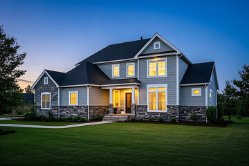 Obraz premium New construction luxury home exterior showcasing modern architecture, clean lines, and elegant design in a bright, inviting setting.