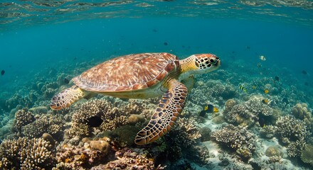 Obraz premium Majestic Green Sea Turtle Gracefully Navigating a Vibrant Coral Reef Ecosystem