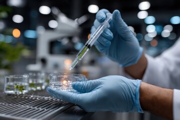 A scientist in gloves carefully extracts liquid using a syringe, highlighting the precision and attention to detail in a modern laboratory setting filled with advanced equipment.