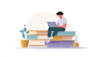 Modern illustration of a student studying with a laptop on a pile of books