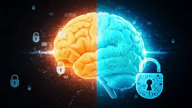 Futuristic brain scan with glowing padlock symbol representing data protection, AI neuroscience and tech-security fusion