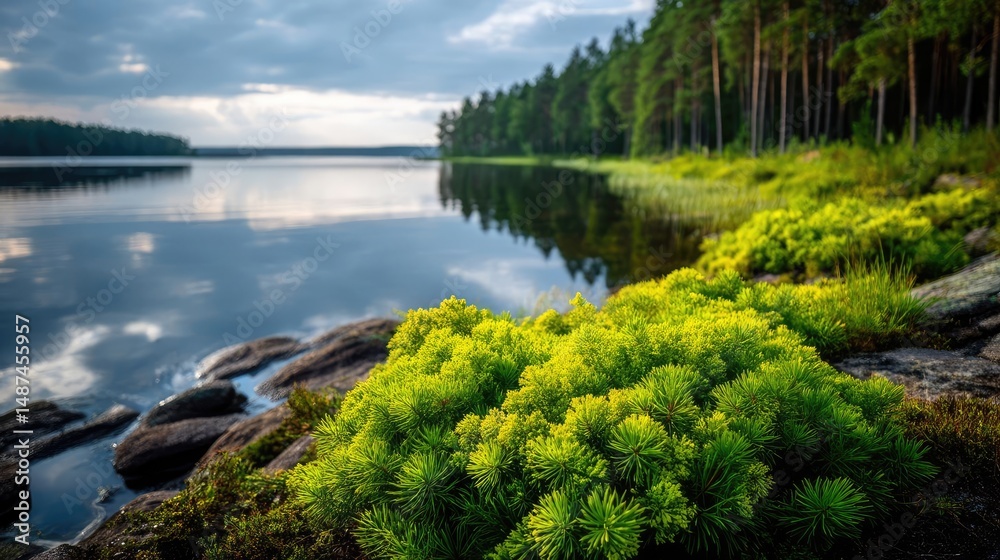 Aufkleber scenic view of lake in pine forest under cloudy blue sky concept. serene lakeside view with lush gre