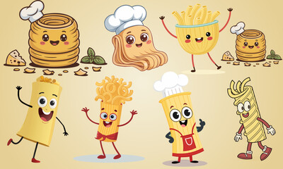Cartoon paccheri Italian pasta cheerful character, Pasta noodles character design illustration.