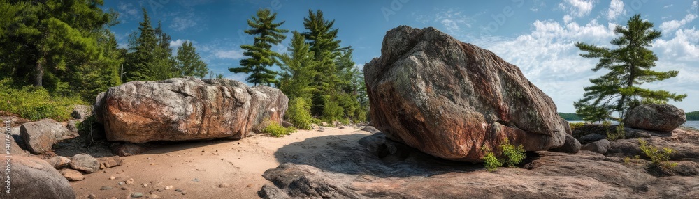 Poster Scenic view of lake in pine forest with rock and trees concept. Beautiful rocky landscape with trees and blue sky.