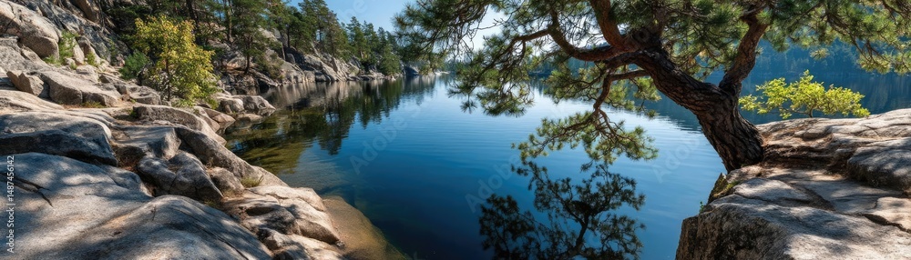 Poster scenic view of lake in pine forest with rock and trees concept. serene lake surrounded by rocky clif