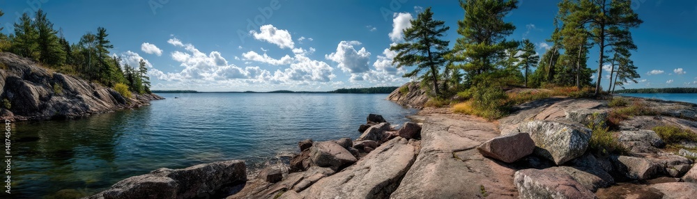 Poster scenic view of lake in pine forest with rock and trees concept. peaceful lakeside view surrounded by