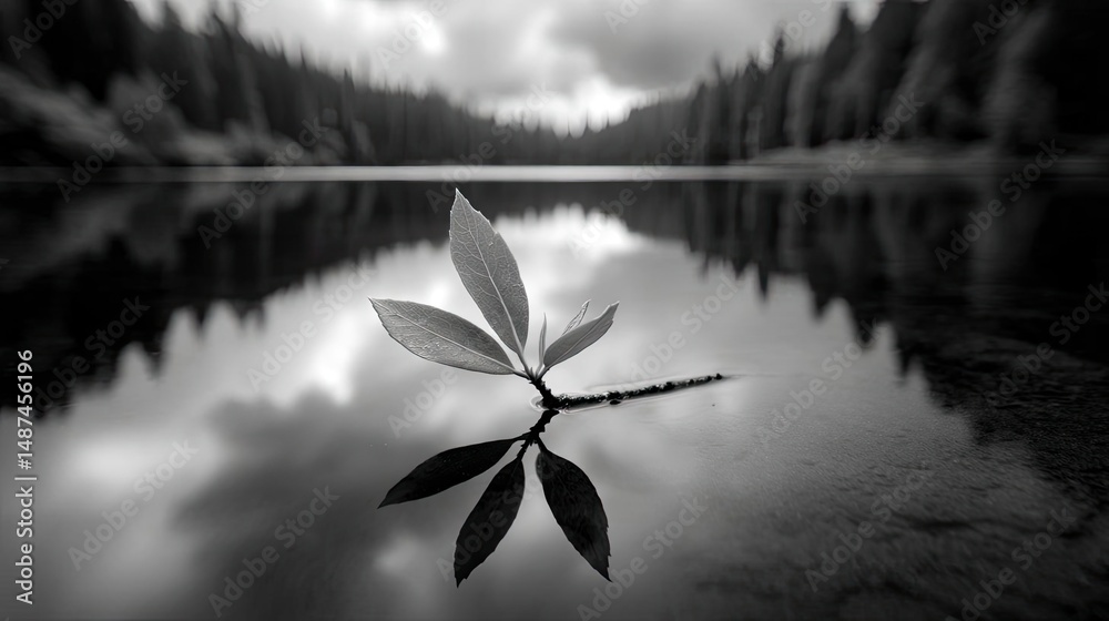 Poster scenic view of lake in pine forest under peaceful nature concept. a serene black and white image of 