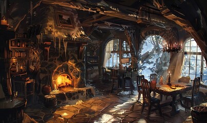 Obraz premium A cozy, fantasy-themed room bathed in warm sunlight, featuring a rustic stone fireplace, wooden table, and snowy landscape outside, with an old-world charm and hint of magic.