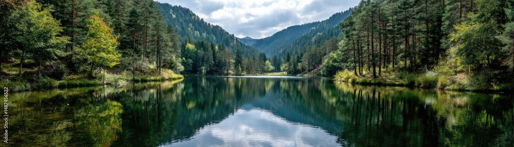 Poster Scenic view of lake in pine forest under cloudy blue sky concept. A serene lake surrounded by lush mountains and tranquil forests.