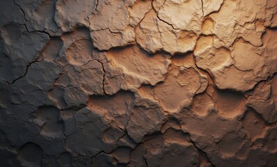 Textured clay wall with cracks and shadows, enhancing depth and detail.