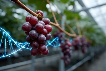 An aesthetically pleasing image of ripe grapes hanging from a vine, enhanced with digital motifs of DNA, representing innovation in sustainable farming and genetic research.