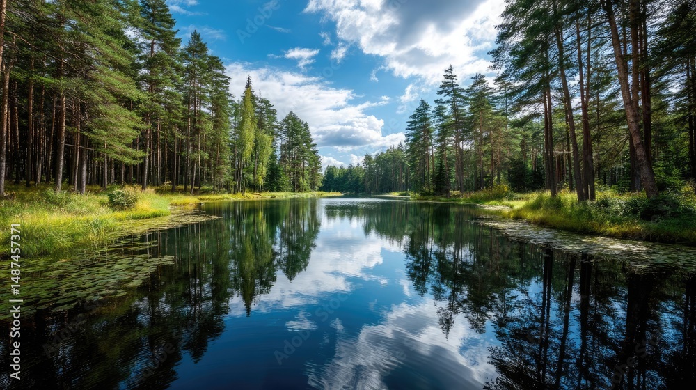Poster Scenic view of lake in pine forest under cloudy blue sky concept. Serene forest landscape with a reflective lake and clear skies.