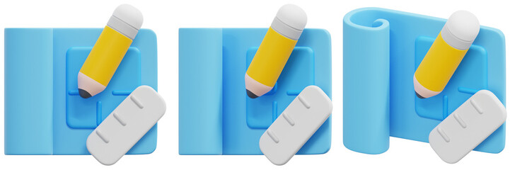 Set of Blue Plan with Pencil and Ruler 3d Render Icon Illustration