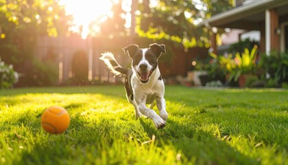 Naklejka na ściany i meble Happy Dog Running In Yard With Ball