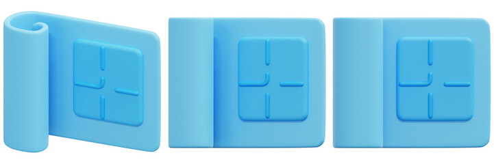 Set of Light Blue Rolled Plan Blueprint with Square Grid Pattern 3d Render Icon Illustration