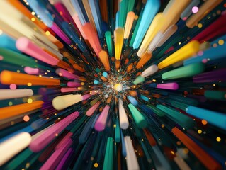 Fototapeta premium A burst of multicolored light beams radiate outward, creating a dynamic, abstract explosion effect.