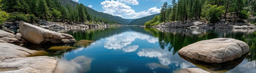 Scenic view of lake in pine forest with rock and trees concept. A serene landscape with a reflective lake surrounded by trees.