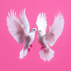 Obraz premium Two white doves face each other with wings spread, appearing to kiss, against a vibrant pink background.