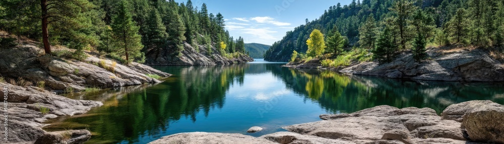 Poster scenic view of lake in pine forest with rock and trees concept. a serene lake surrounded by lush gre