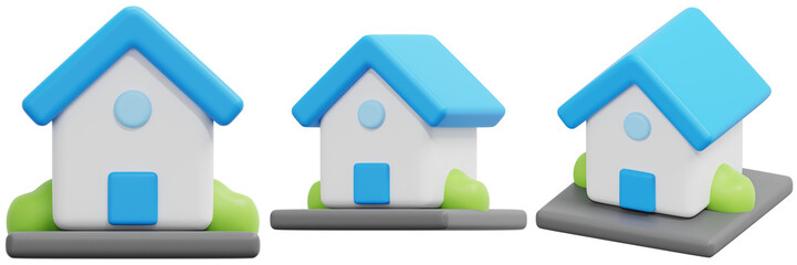 Set of Cute 3D Renderings of a Small White House with Blue Roof and Door 3d Render Icon Illustration