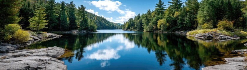Fototapeta premium Scenic view of lake in pine forest with rock and trees concept. Serene view of a tranquil lake surrounded by lush greenery.