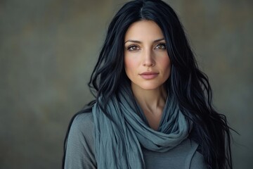 Portrait of a Woman with Dark Hair and a Gray Scarf